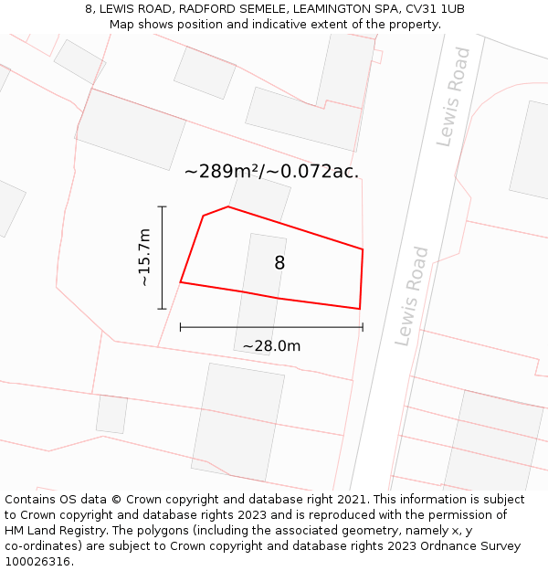 8, LEWIS ROAD, RADFORD SEMELE, LEAMINGTON SPA, CV31 1UB: Plot and title map