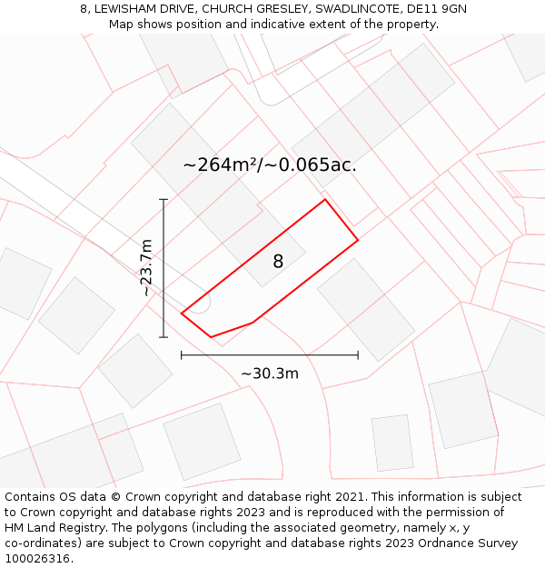 8, LEWISHAM DRIVE, CHURCH GRESLEY, SWADLINCOTE, DE11 9GN: Plot and title map