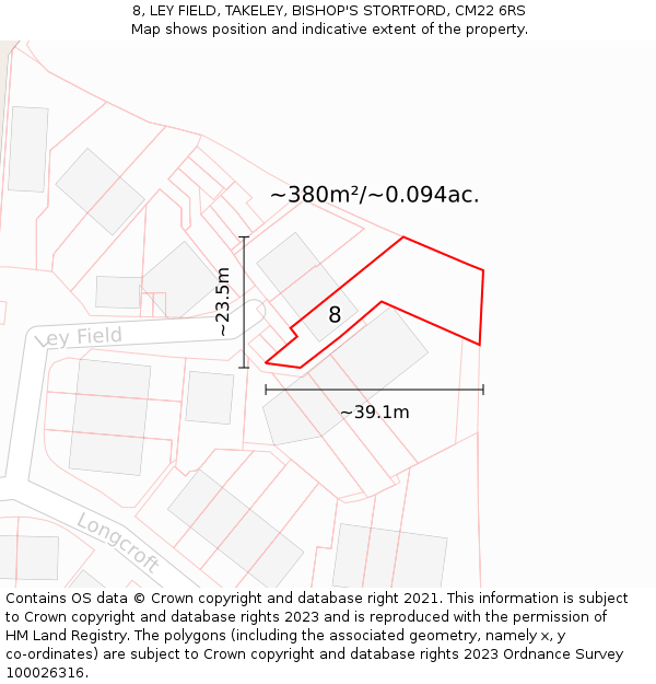 8, LEY FIELD, TAKELEY, BISHOP'S STORTFORD, CM22 6RS: Plot and title map