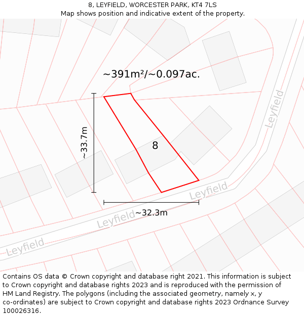 8, LEYFIELD, WORCESTER PARK, KT4 7LS: Plot and title map