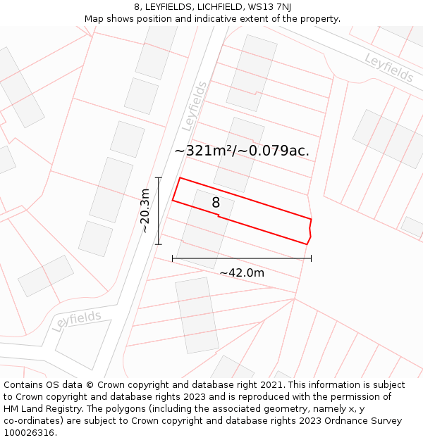8, LEYFIELDS, LICHFIELD, WS13 7NJ: Plot and title map