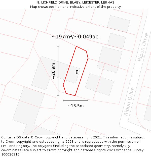 8, LICHFIELD DRIVE, BLABY, LEICESTER, LE8 4AS: Plot and title map