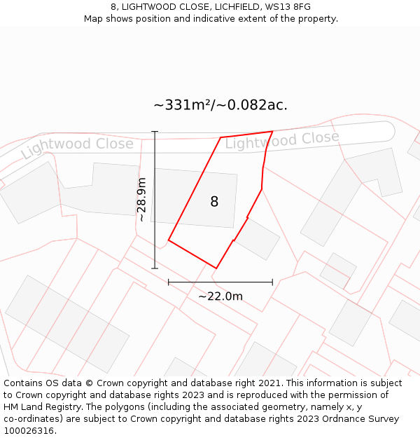 8, LIGHTWOOD CLOSE, LICHFIELD, WS13 8FG: Plot and title map