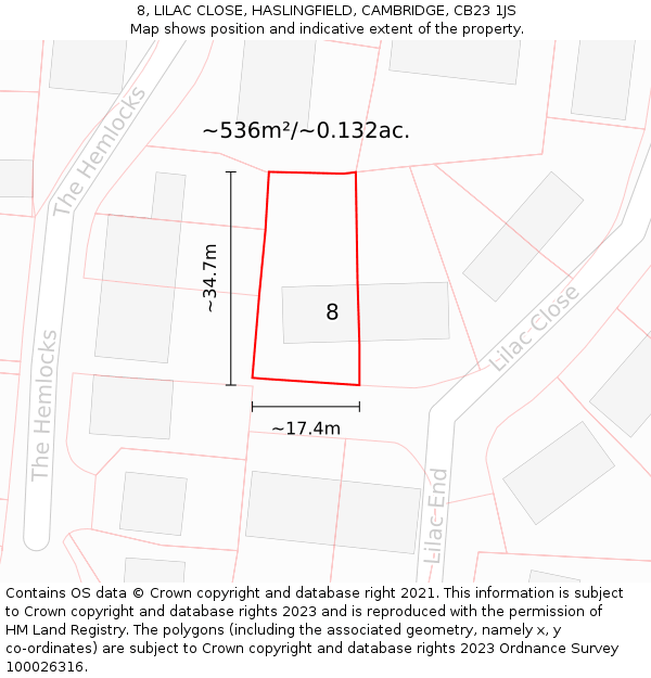 8, LILAC CLOSE, HASLINGFIELD, CAMBRIDGE, CB23 1JS: Plot and title map