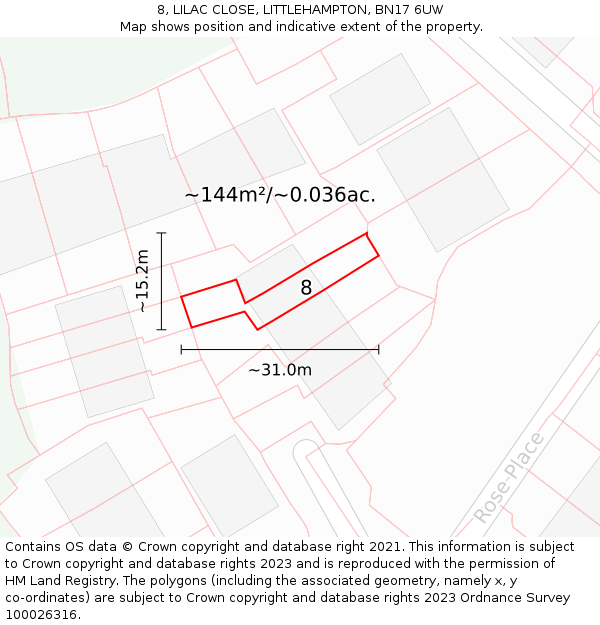 8, LILAC CLOSE, LITTLEHAMPTON, BN17 6UW: Plot and title map