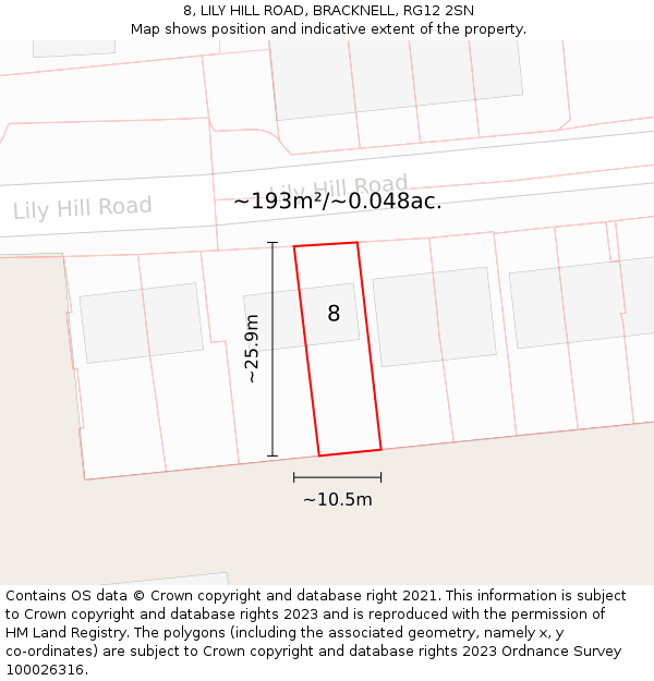8, LILY HILL ROAD, BRACKNELL, RG12 2SN: Plot and title map