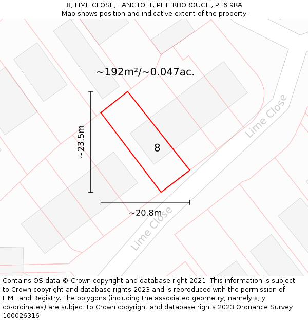 8, LIME CLOSE, LANGTOFT, PETERBOROUGH, PE6 9RA: Plot and title map