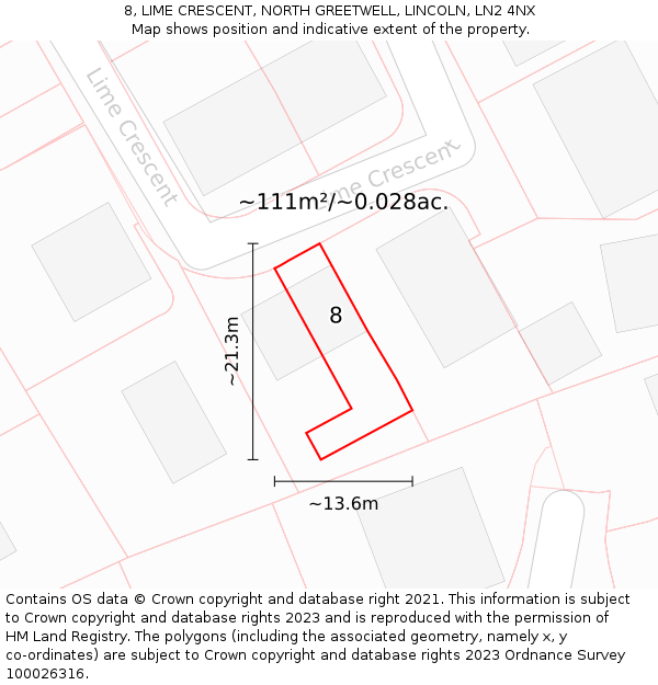 8, LIME CRESCENT, NORTH GREETWELL, LINCOLN, LN2 4NX: Plot and title map