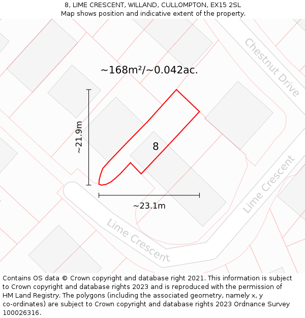 8, LIME CRESCENT, WILLAND, CULLOMPTON, EX15 2SL: Plot and title map