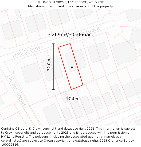 8, LINCOLN GROVE, LIVERSEDGE, WF15 7NE: Plot and title map