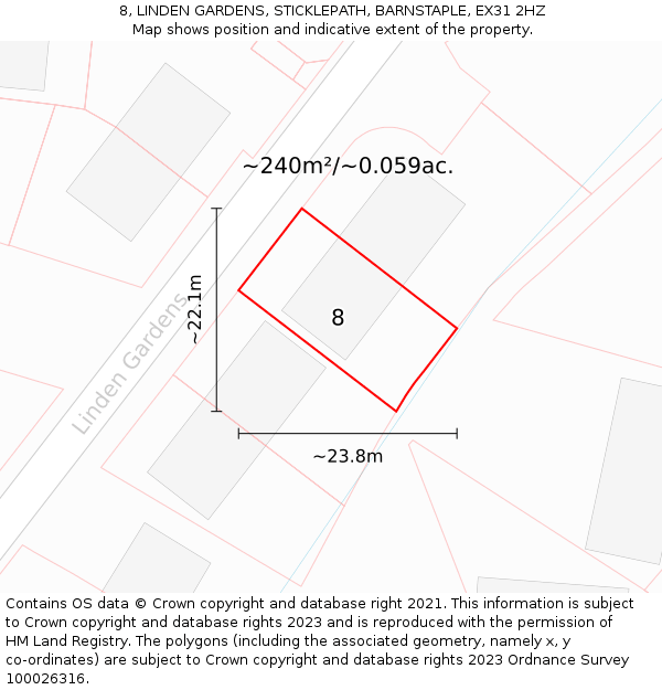 8, LINDEN GARDENS, STICKLEPATH, BARNSTAPLE, EX31 2HZ: Plot and title map