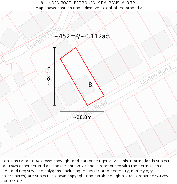 8, LINDEN ROAD, REDBOURN, ST ALBANS, AL3 7PL: Plot and title map