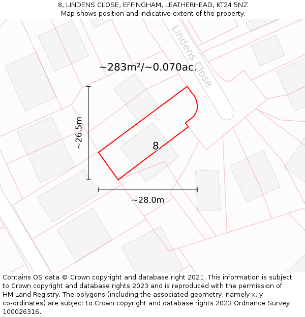 8, LINDENS CLOSE, EFFINGHAM, LEATHERHEAD, KT24 5NZ: Plot and title map
