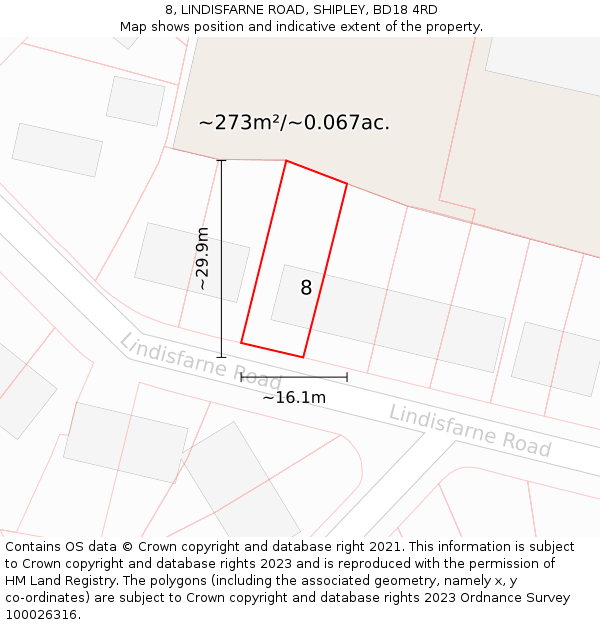 8, LINDISFARNE ROAD, SHIPLEY, BD18 4RD: Plot and title map