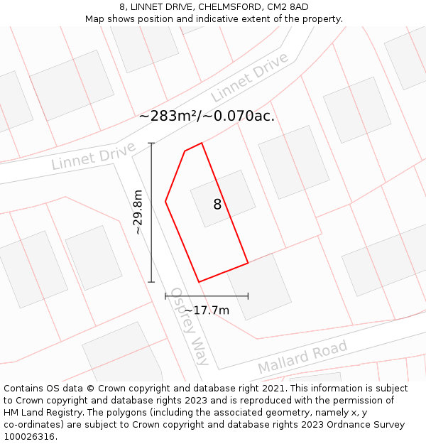 8, LINNET DRIVE, CHELMSFORD, CM2 8AD: Plot and title map