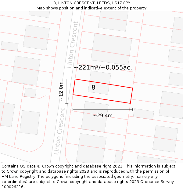 8, LINTON CRESCENT, LEEDS, LS17 8PY: Plot and title map