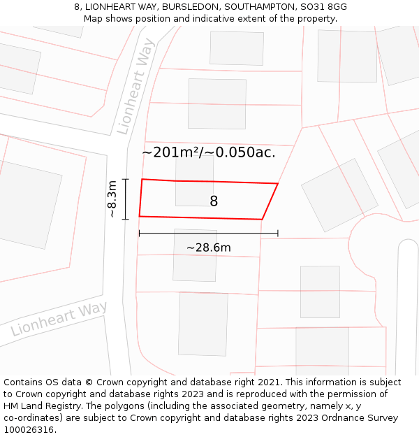 8, LIONHEART WAY, BURSLEDON, SOUTHAMPTON, SO31 8GG: Plot and title map