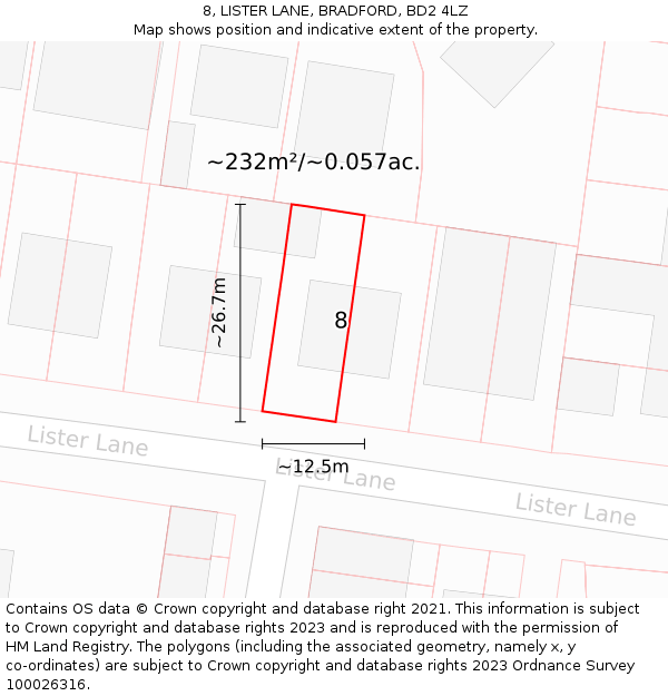8, LISTER LANE, BRADFORD, BD2 4LZ: Plot and title map