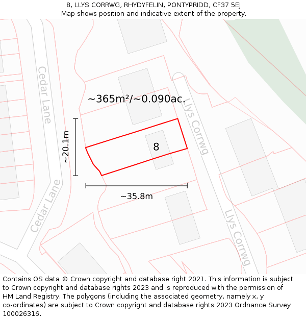 8, LLYS CORRWG, RHYDYFELIN, PONTYPRIDD, CF37 5EJ: Plot and title map