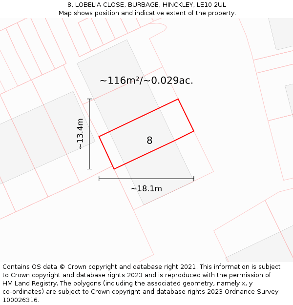 8, LOBELIA CLOSE, BURBAGE, HINCKLEY, LE10 2UL: Plot and title map