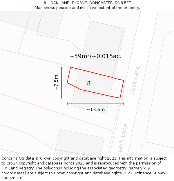 8, LOCK LANE, THORNE, DONCASTER, DN8 5ET: Plot and title map