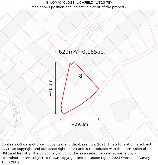 8, LOMAX CLOSE, LICHFIELD, WS13 7EY: Plot and title map