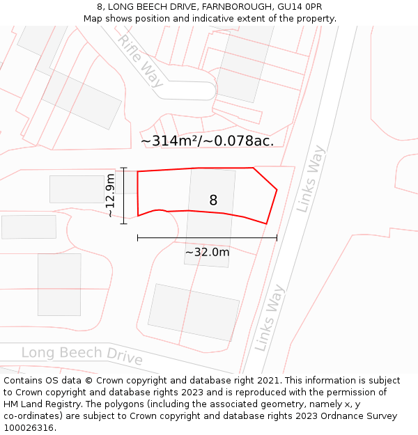 8, LONG BEECH DRIVE, FARNBOROUGH, GU14 0PR: Plot and title map