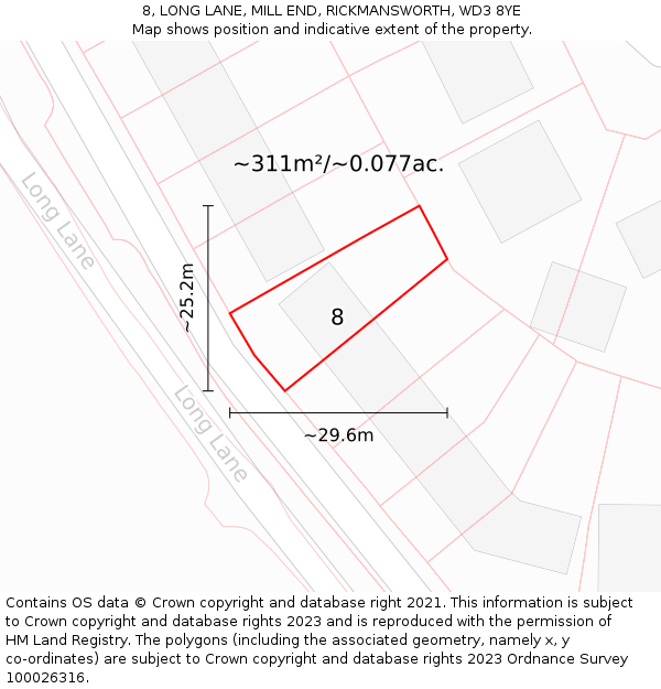 8, LONG LANE, MILL END, RICKMANSWORTH, WD3 8YE: Plot and title map