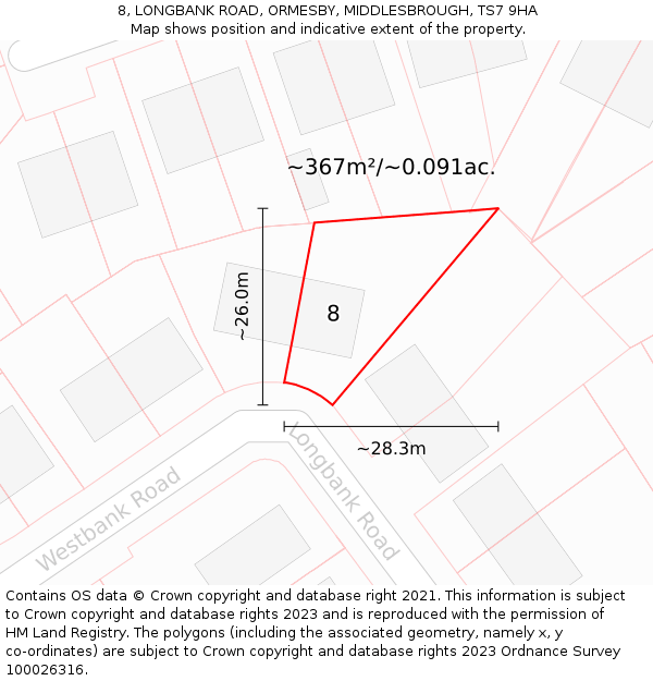 8, LONGBANK ROAD, ORMESBY, MIDDLESBROUGH, TS7 9HA: Plot and title map