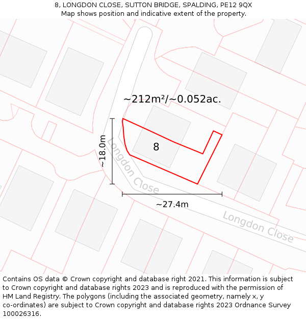 8, LONGDON CLOSE, SUTTON BRIDGE, SPALDING, PE12 9QX: Plot and title map