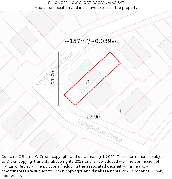8, LONGFELLOW CLOSE, WIGAN, WN3 5YB: Plot and title map