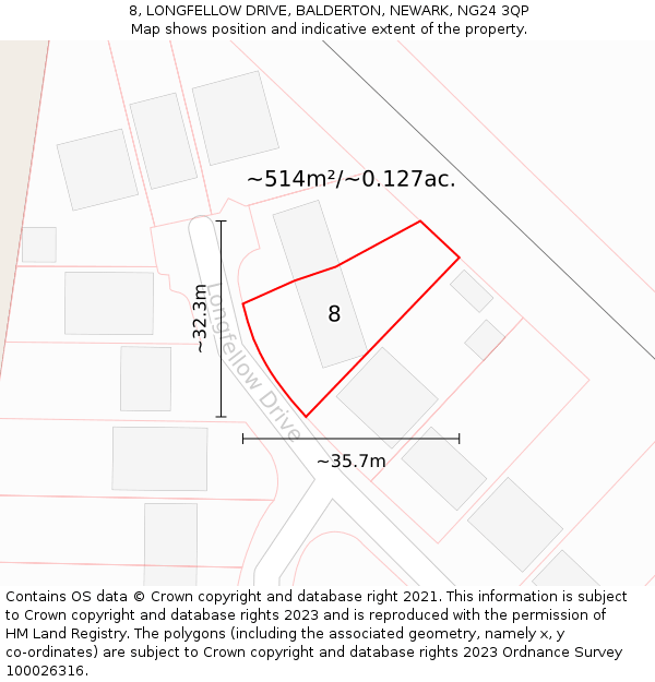 8, LONGFELLOW DRIVE, BALDERTON, NEWARK, NG24 3QP: Plot and title map