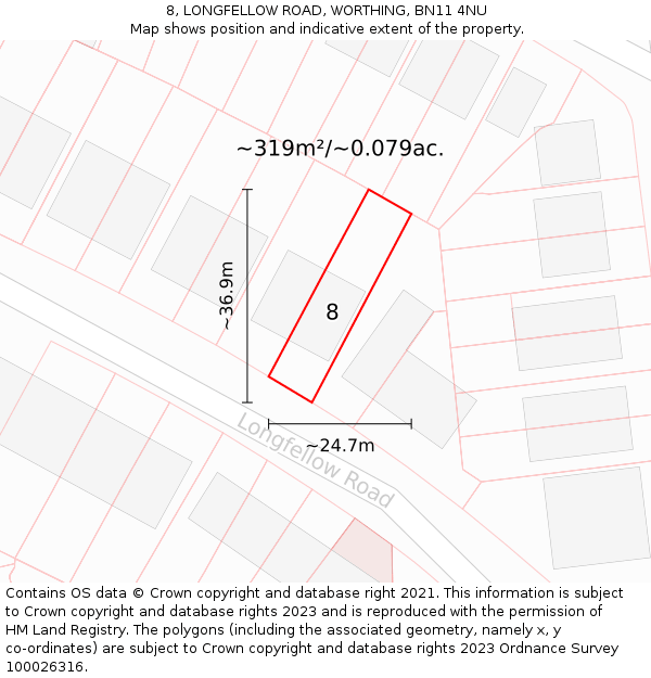 8, LONGFELLOW ROAD, WORTHING, BN11 4NU: Plot and title map