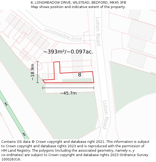 8, LONGMEADOW DRIVE, WILSTEAD, BEDFORD, MK45 3FB: Plot and title map