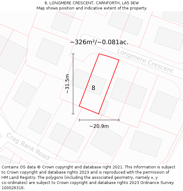 8, LONGMERE CRESCENT, CARNFORTH, LA5 9EW: Plot and title map