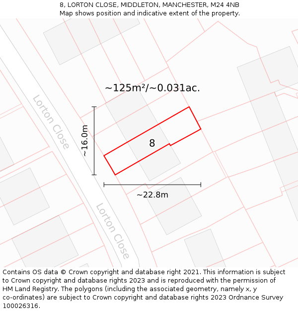 8, LORTON CLOSE, MIDDLETON, MANCHESTER, M24 4NB: Plot and title map