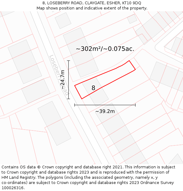 8, LOSEBERRY ROAD, CLAYGATE, ESHER, KT10 9DQ: Plot and title map