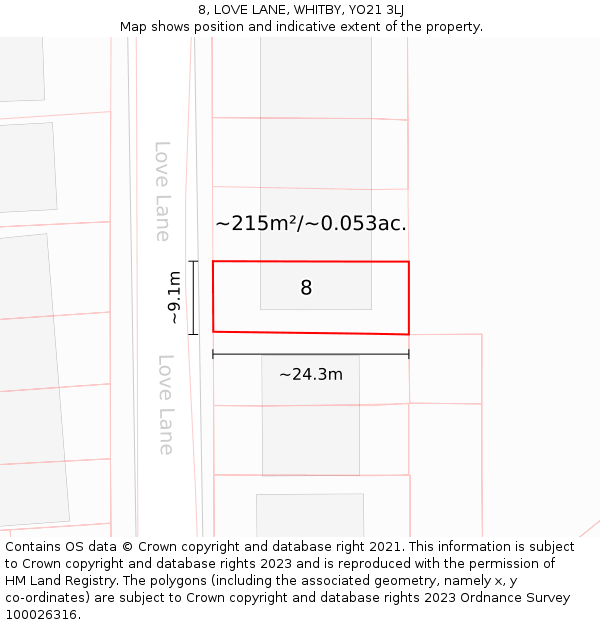 8, LOVE LANE, WHITBY, YO21 3LJ: Plot and title map