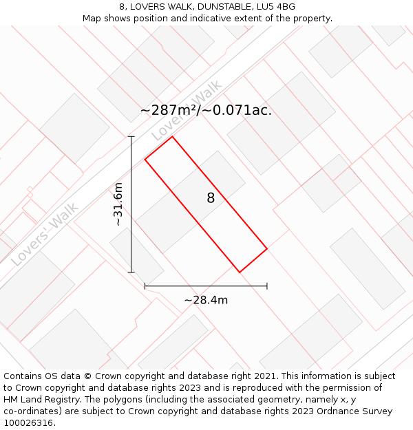 8, LOVERS WALK, DUNSTABLE, LU5 4BG: Plot and title map