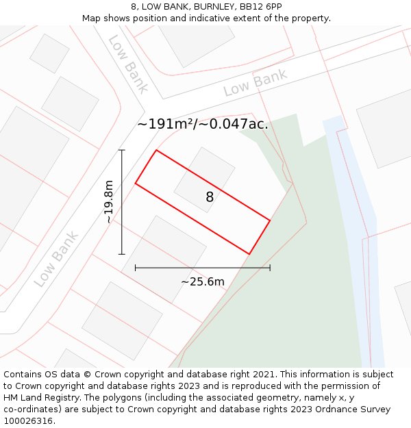 8, LOW BANK, BURNLEY, BB12 6PP: Plot and title map