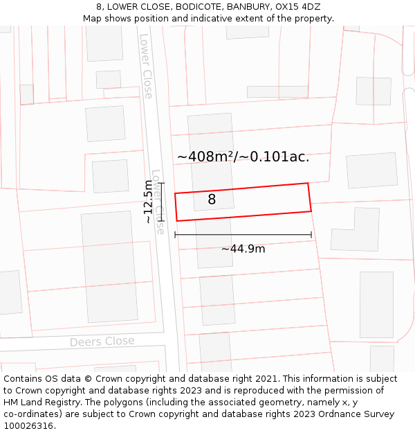 8, LOWER CLOSE, BODICOTE, BANBURY, OX15 4DZ: Plot and title map