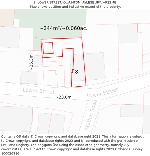 8, LOWER STREET, QUAINTON, AYLESBURY, HP22 4BJ: Plot and title map