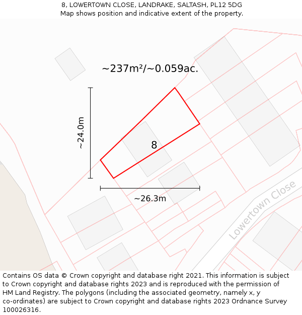 8, LOWERTOWN CLOSE, LANDRAKE, SALTASH, PL12 5DG: Plot and title map