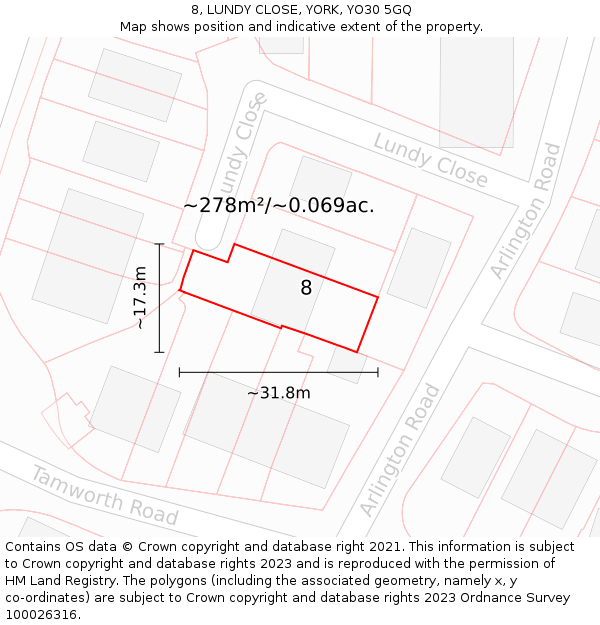 8, LUNDY CLOSE, YORK, YO30 5GQ: Plot and title map