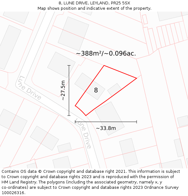 8, LUNE DRIVE, LEYLAND, PR25 5SX: Plot and title map