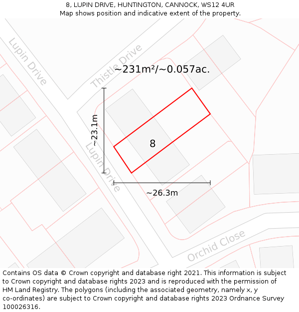 8, LUPIN DRIVE, HUNTINGTON, CANNOCK, WS12 4UR: Plot and title map