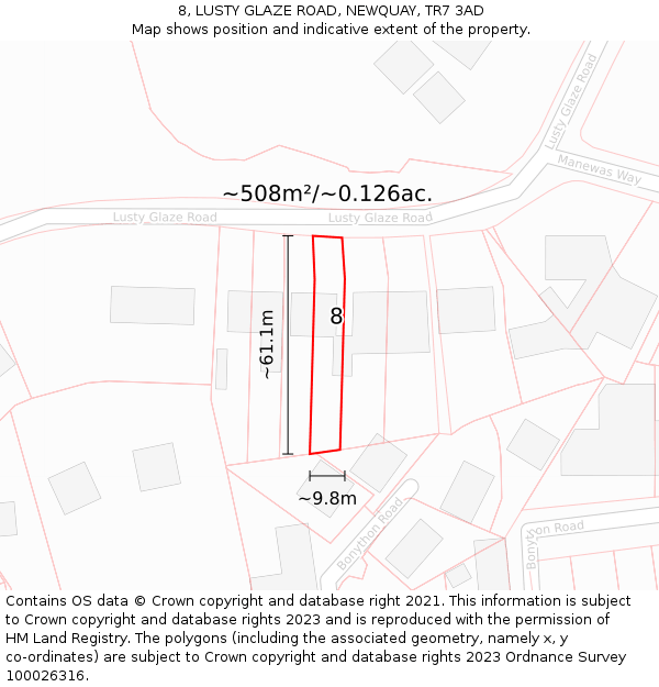 8, LUSTY GLAZE ROAD, NEWQUAY, TR7 3AD: Plot and title map