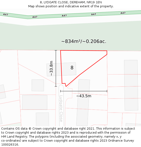 8, LYDGATE CLOSE, DEREHAM, NR19 1EN: Plot and title map