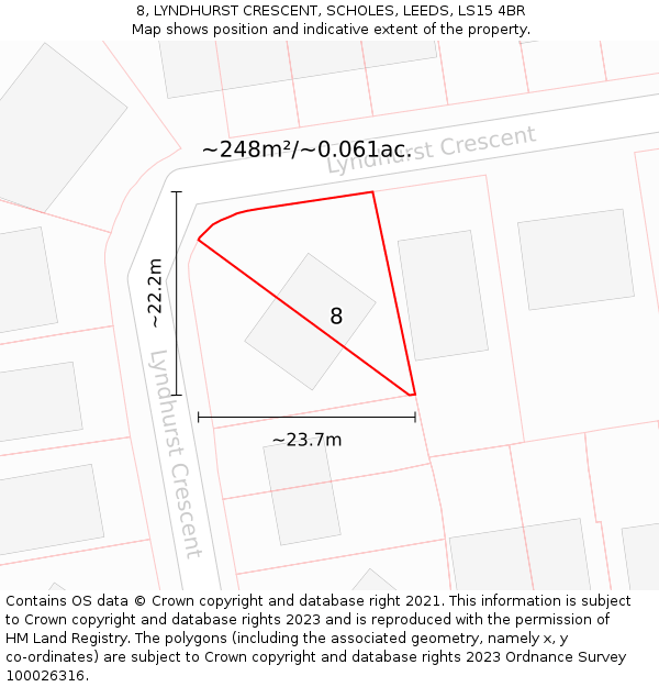 8, LYNDHURST CRESCENT, SCHOLES, LEEDS, LS15 4BR: Plot and title map