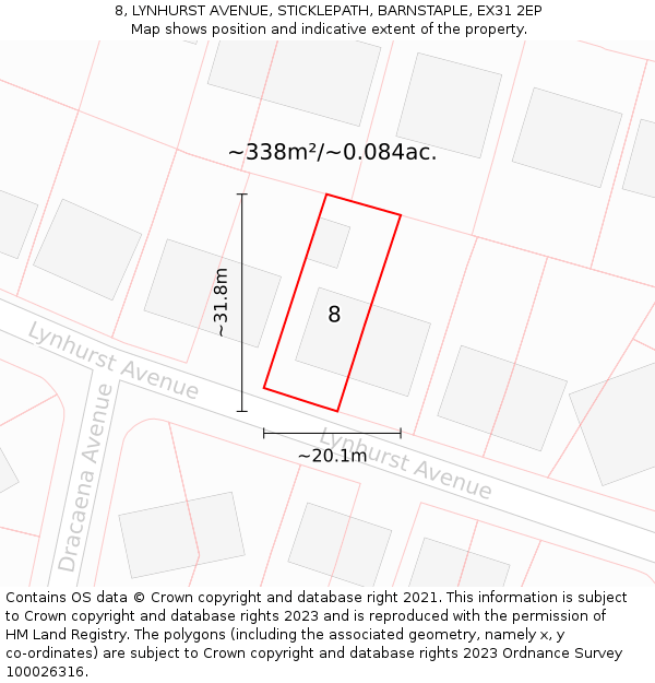 8, LYNHURST AVENUE, STICKLEPATH, BARNSTAPLE, EX31 2EP: Plot and title map